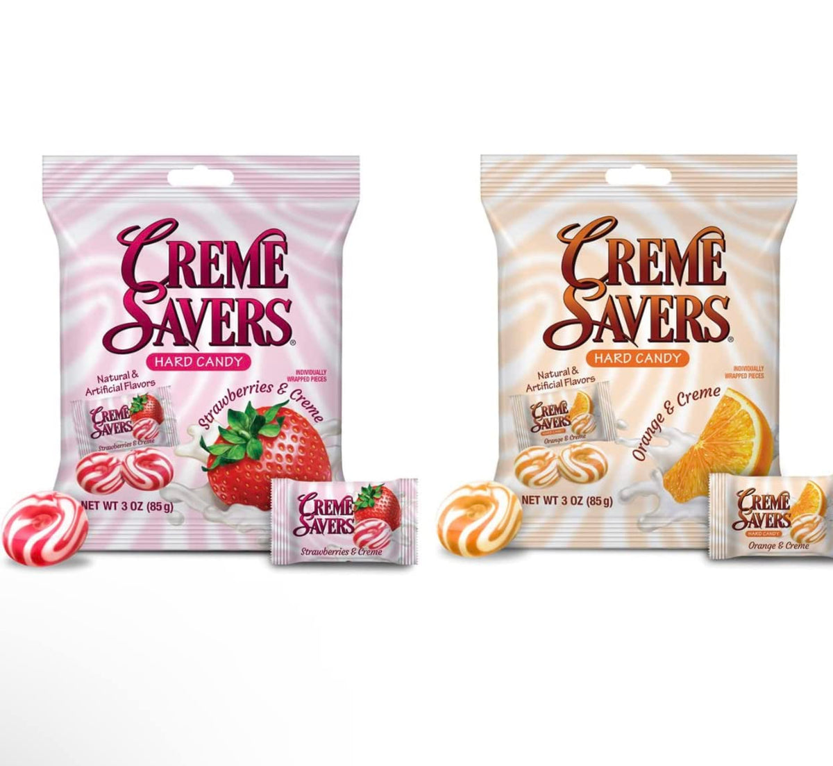 Generic Creme Savers hard candy closeup reveals bright strawberry and orange flavor.