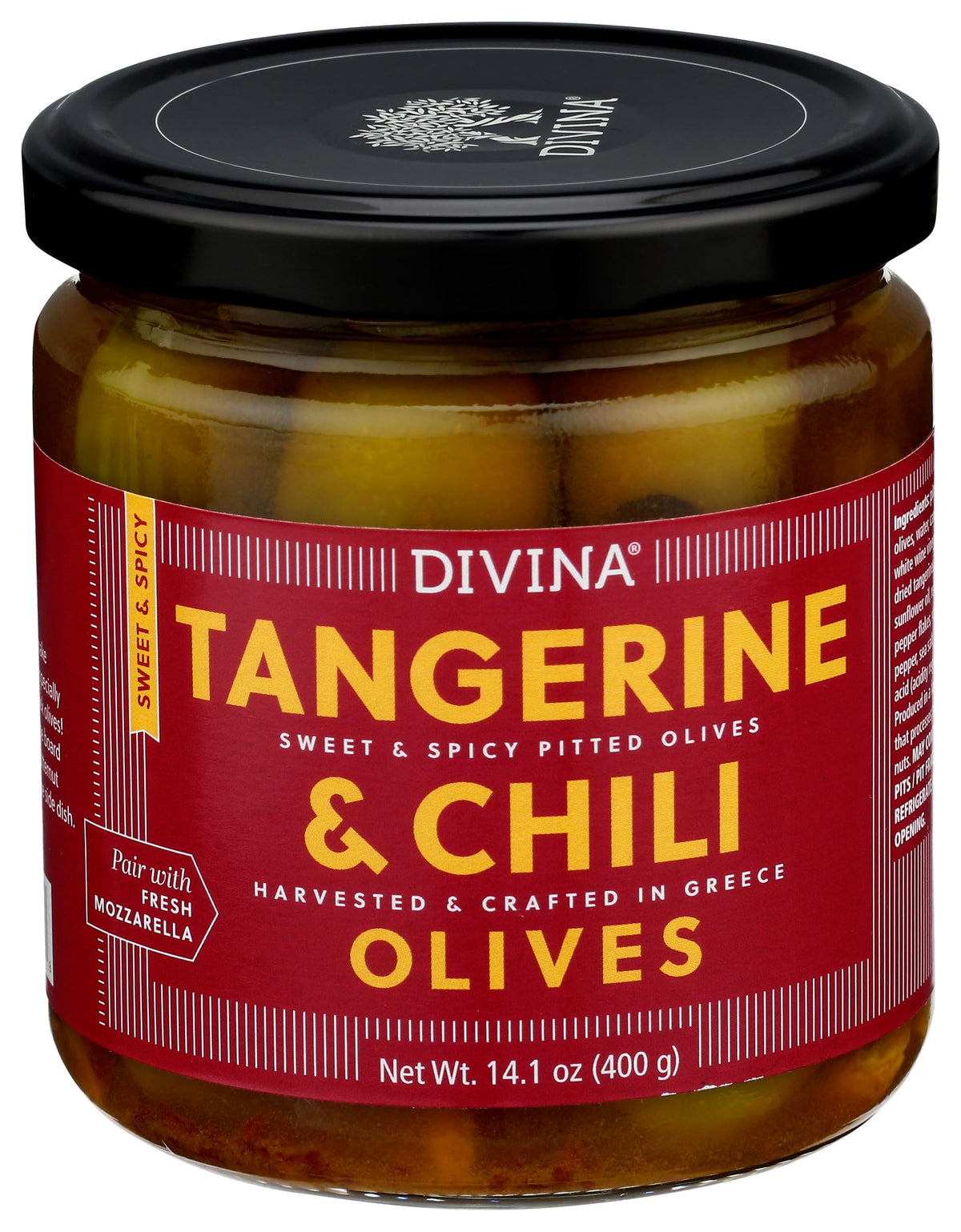 Divina Tangerine & Chili Olives jar, perfect for cheese boards and Mediterranean snacks.