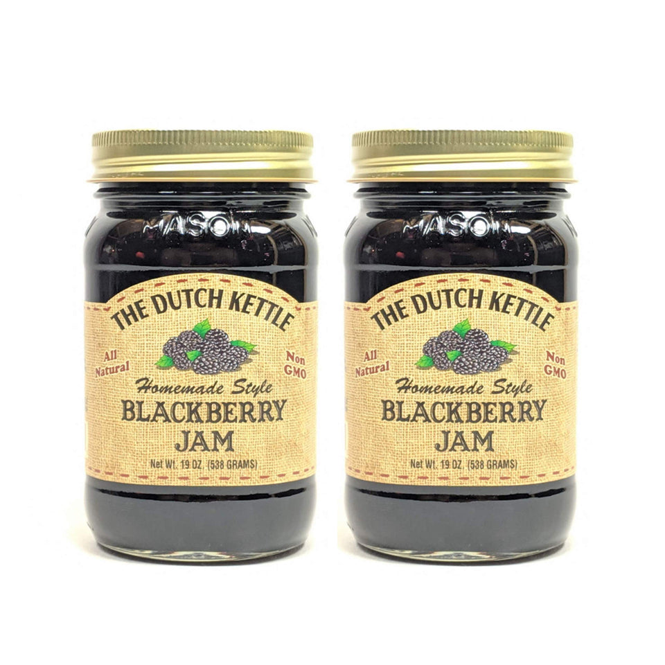 Generic Dutch Kettle blackberry jam seeded jar with lid, perfect for breakfast spreads.