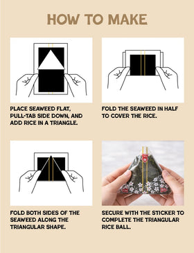 Generic seaweed wrappers illustrate an easy wrap method for onigiri.