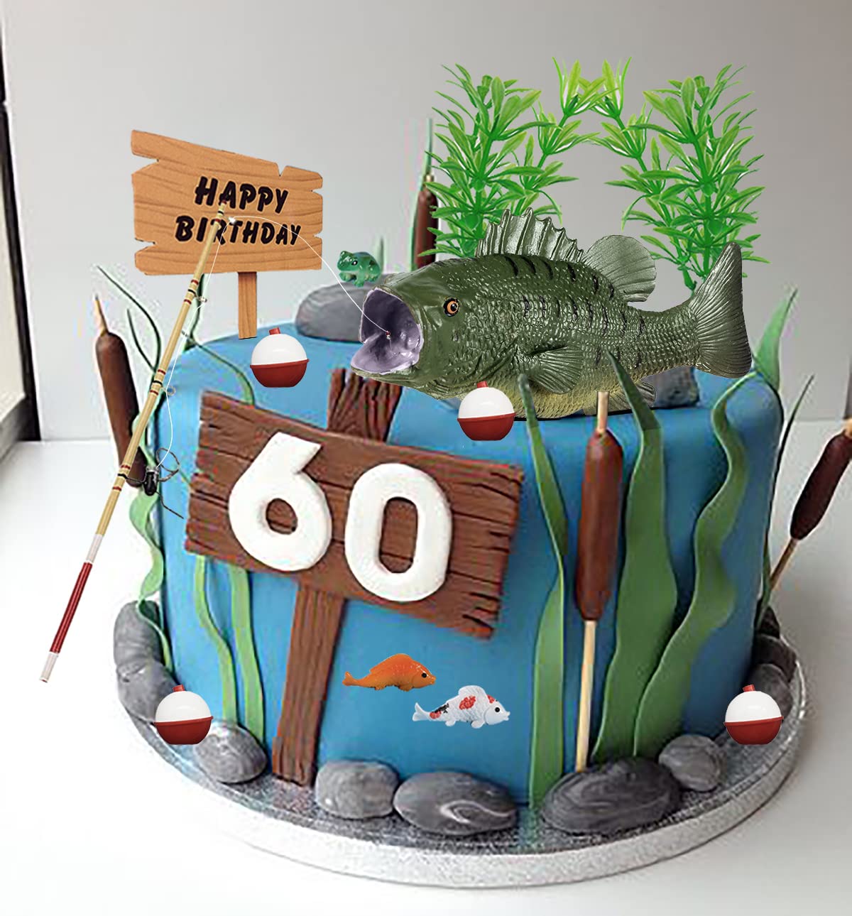 Generic fake grass decorations add verdant accents to cake toppers