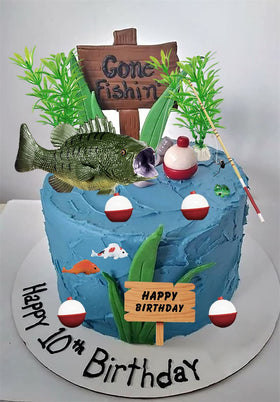 Generic fishing rod topper component provides realistic fishing vibe for cake