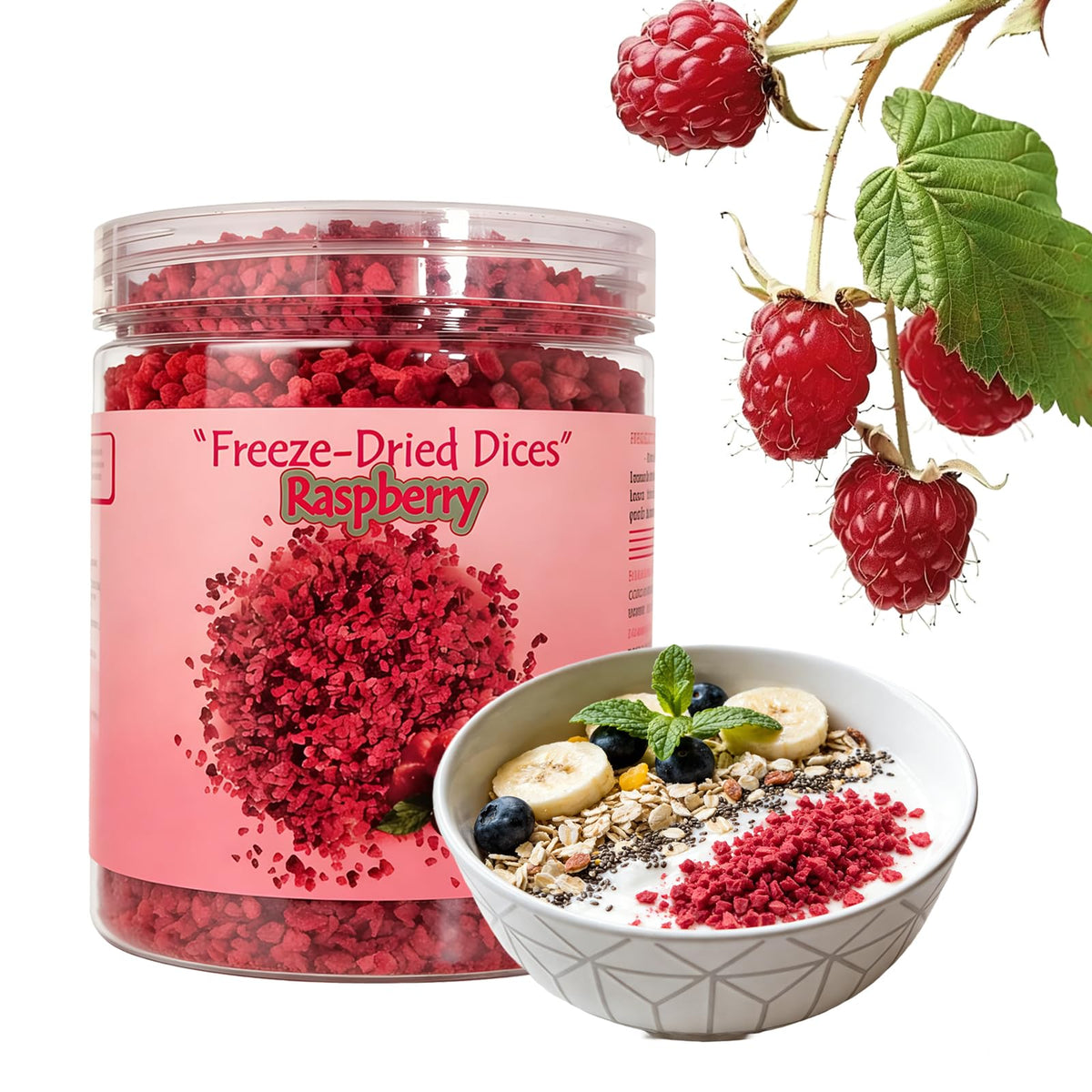 Generic freeze-dried raspberry pieces packshot showing vibrant color and crisp texture