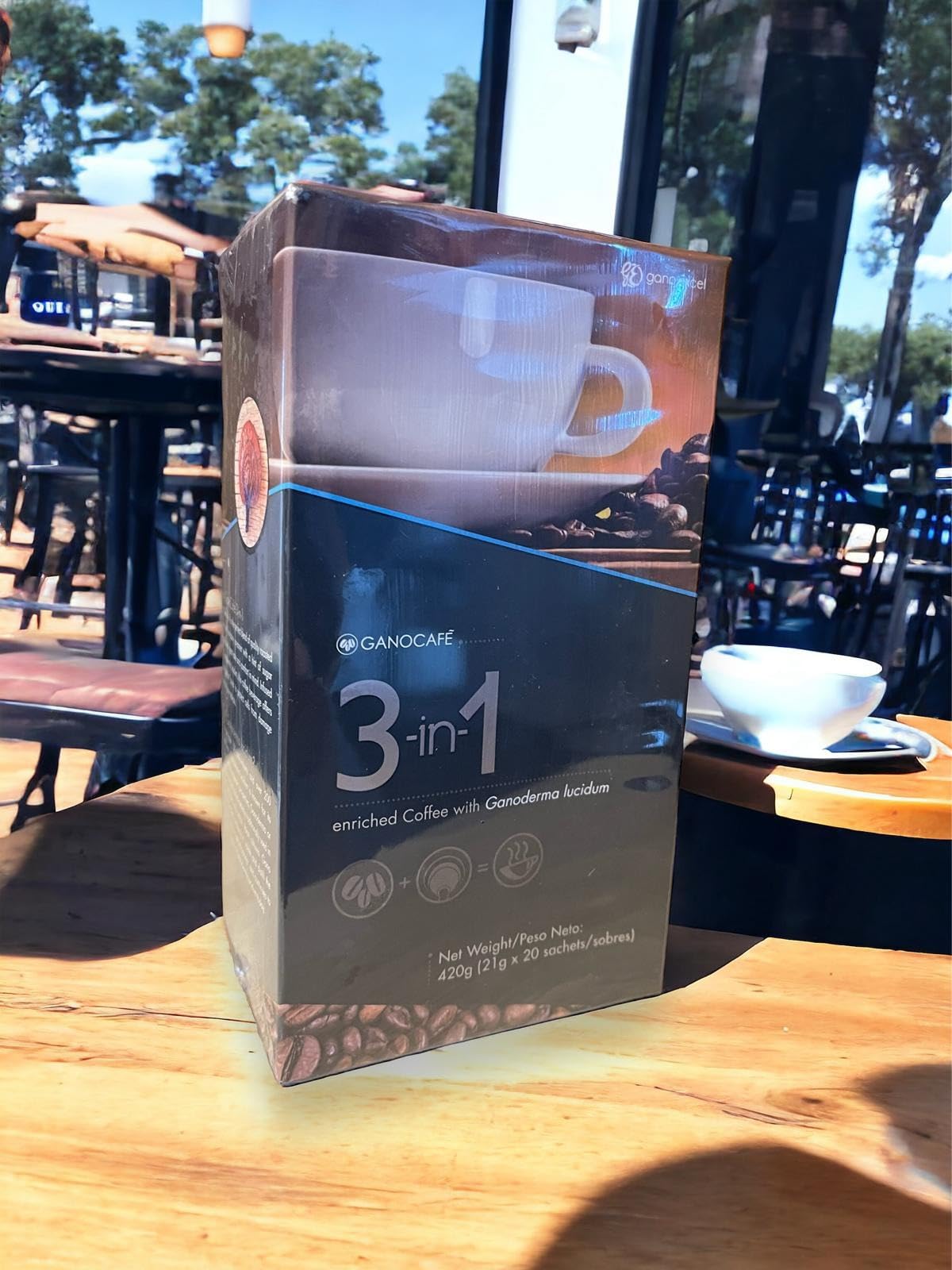 Generic GanoCafé packaging label showing 20 sachets and 3-in-1 formula.