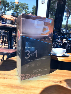 Generic GanoCafé packaging label showing 20 sachets and 3-in-1 formula.