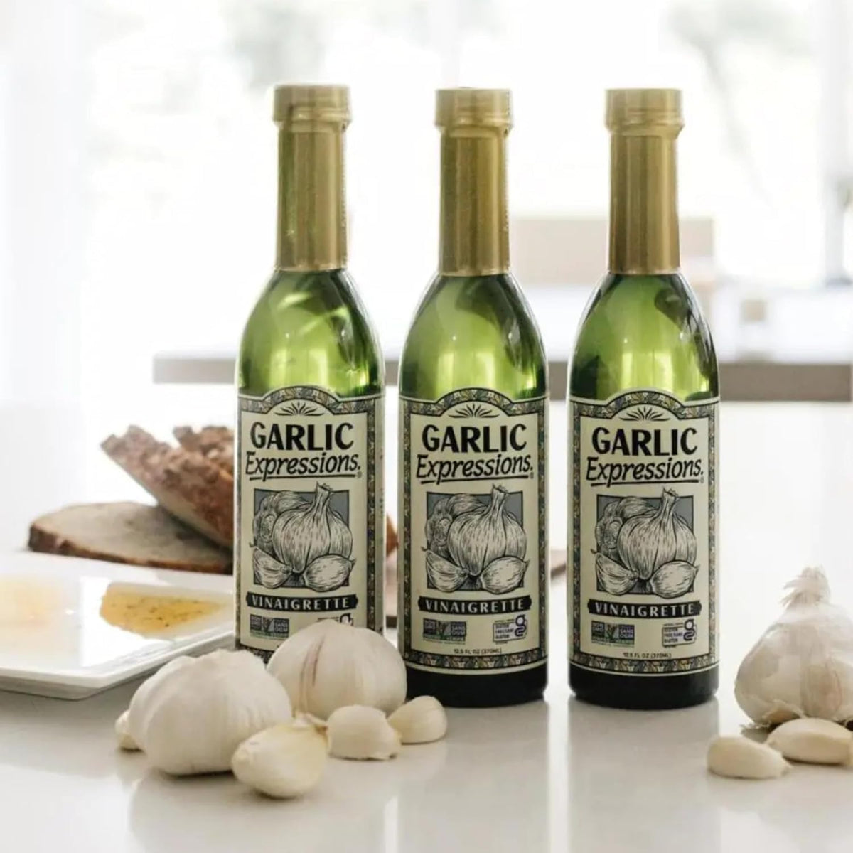 Generic Garlic Expressions vinaigrette bottle label emphasizes small-batch premium ingredients.