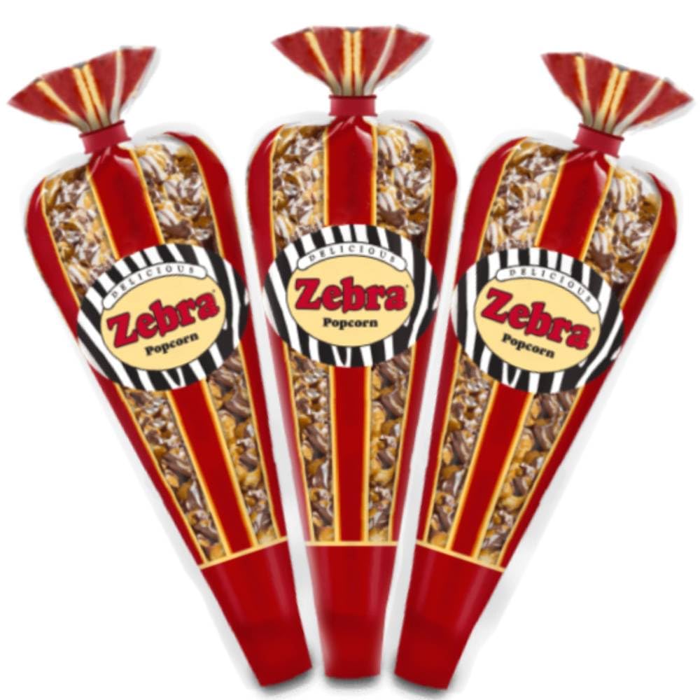 Generic Gourmet Popcorn zebra mini cones closeup for sharing a premium snack
