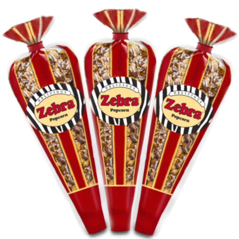 Generic Gourmet Popcorn zebra mini cones closeup for sharing a premium snack
