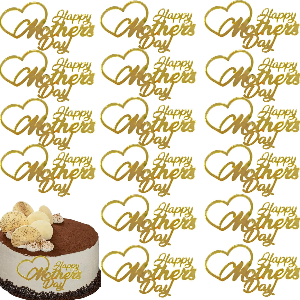 Generic Happy Mother's Day cake topper in gold acrylic adds festive shine to desserts.