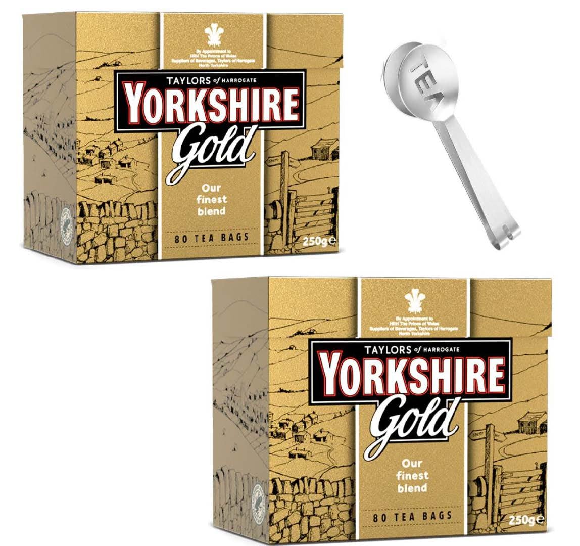 Generic Harrogate Gold tea bags and spoon for quick, comforting brew at home.