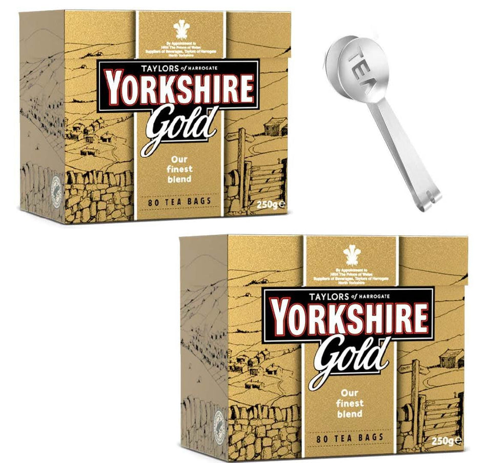 Generic Harrogate Gold tea bags and spoon for quick, comforting brew at home.