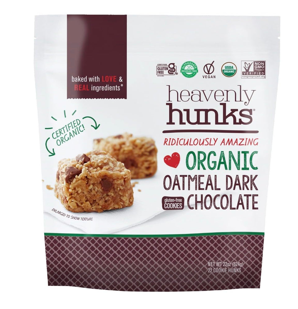 Generic Heavenly's Hunks Organic Oatmeal Dark Chocolate Cookies in a 22oz bag; vegan, gluten-free plant-based snacking.