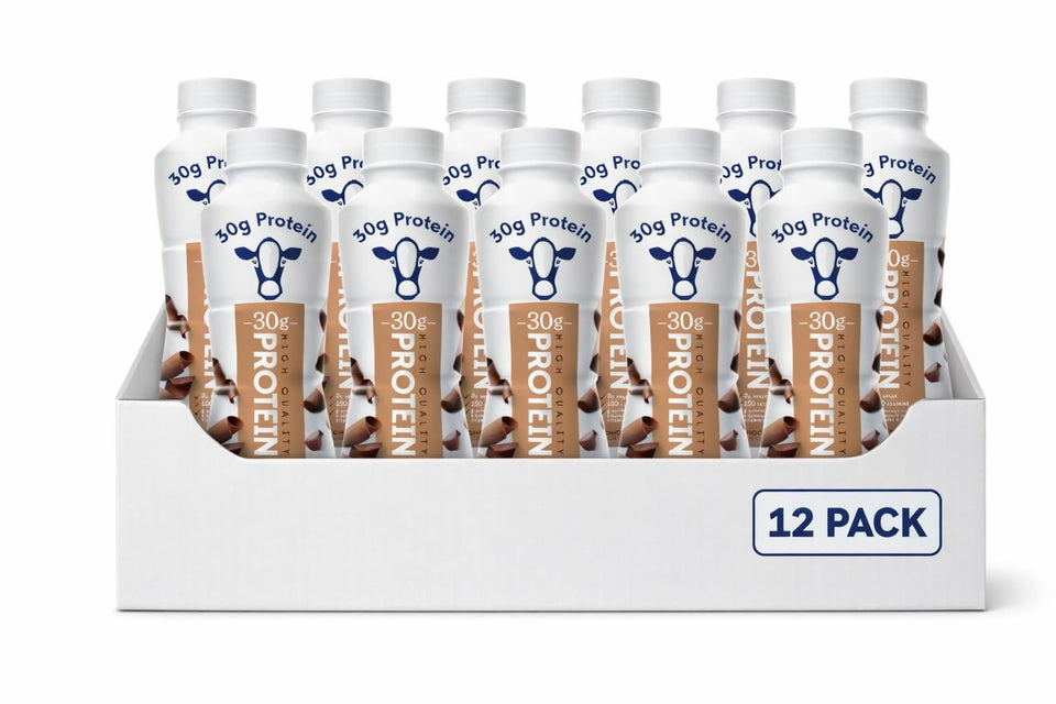 Generic High-Protein Chocolate bottle pour showing creamy texture and post-workout use
