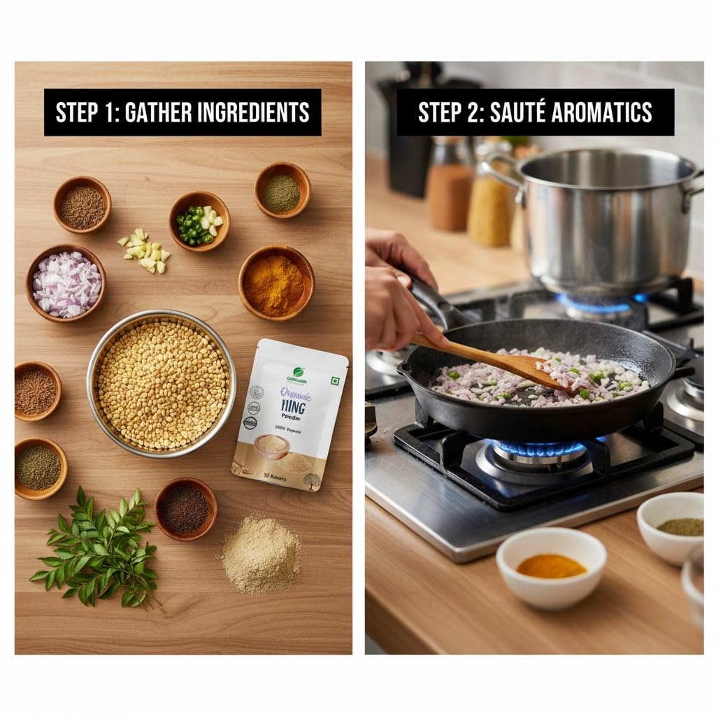 Hing powder in dal curry pan demonstrates rich aroma and depth.