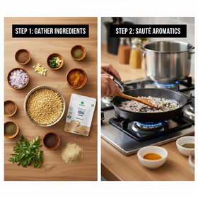 Hing powder in dal curry pan demonstrates rich aroma and depth.
