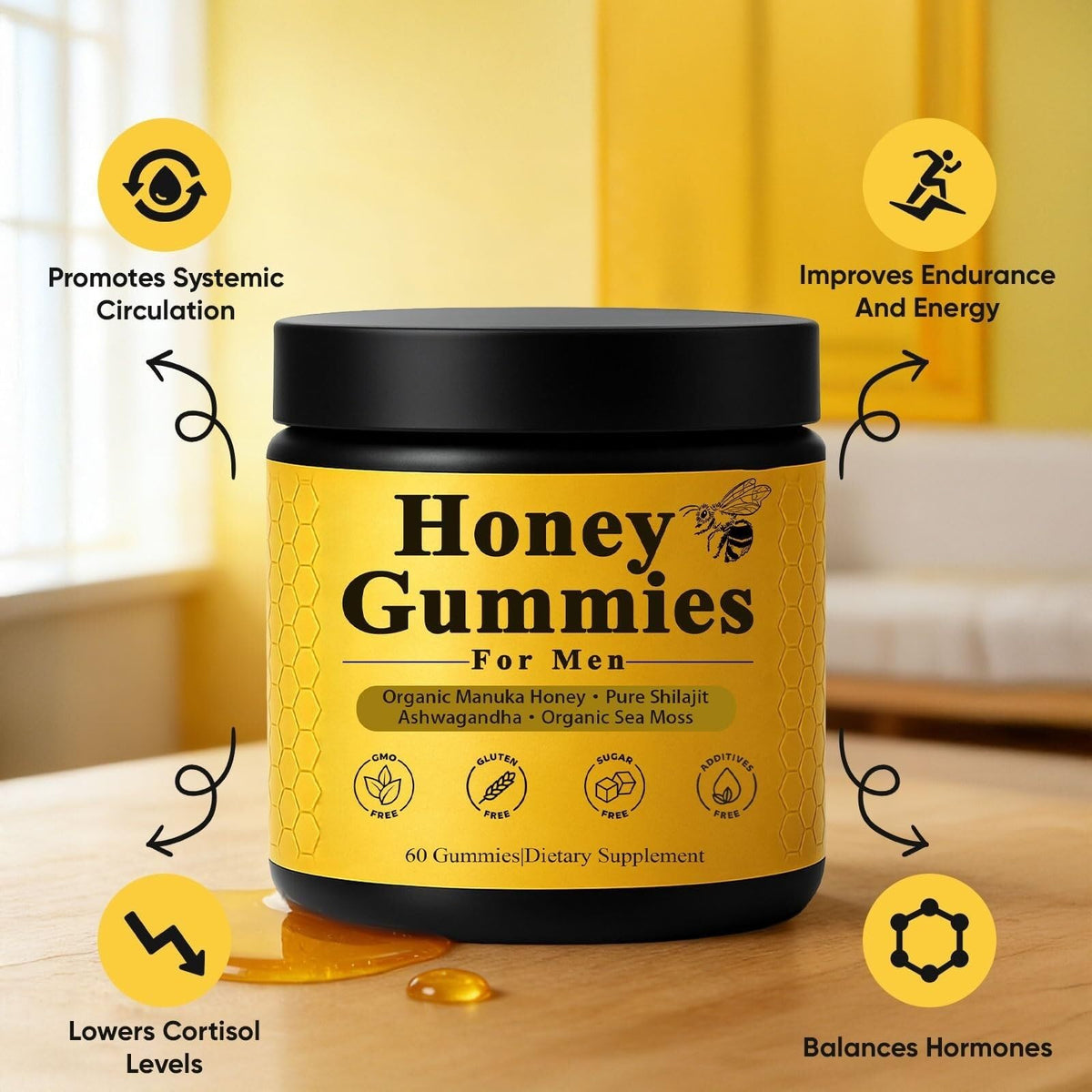 Generic Honey Gummies for Men closeup reveals a smooth texture and honey flavor.