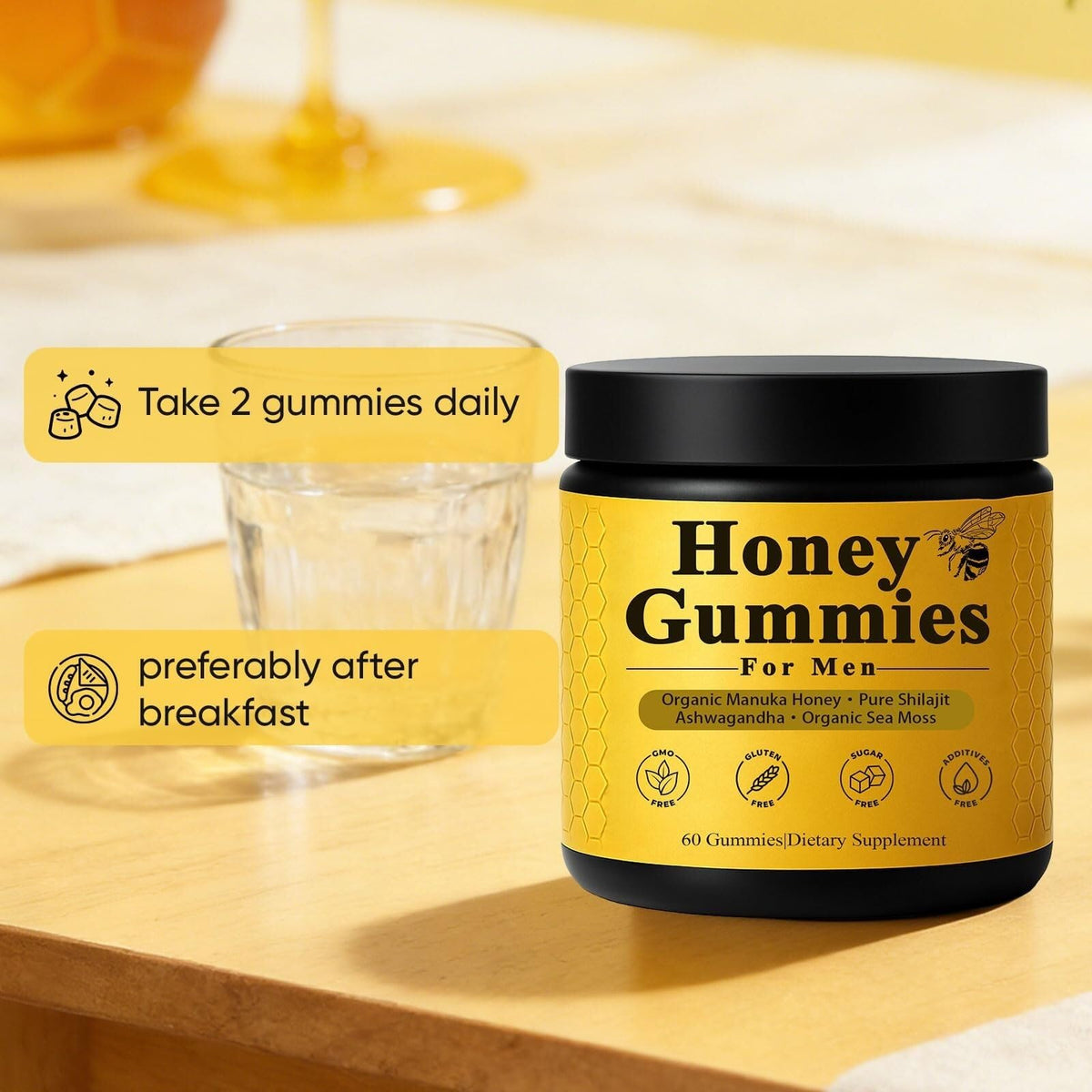 Generic Honey Gummies for Men travel-pack on table highlights on-the-go convenience.