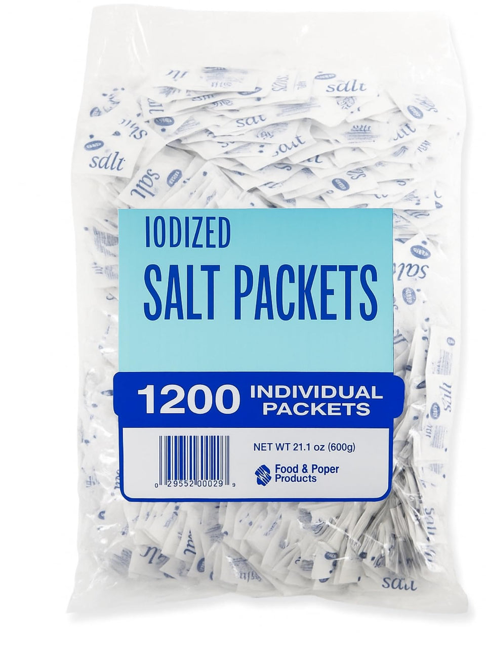 Generic iodized salt packets box showing 1200 count for bulk foodservice use.
