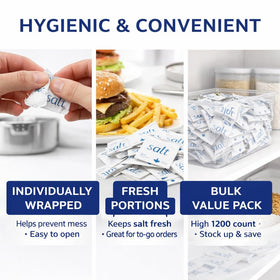 Packaged salt packets ready for restaurants, cafeterias, and take-out service.