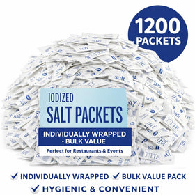 Close-up of a single 0.5g iodized salt packet for precise portioning at tables.