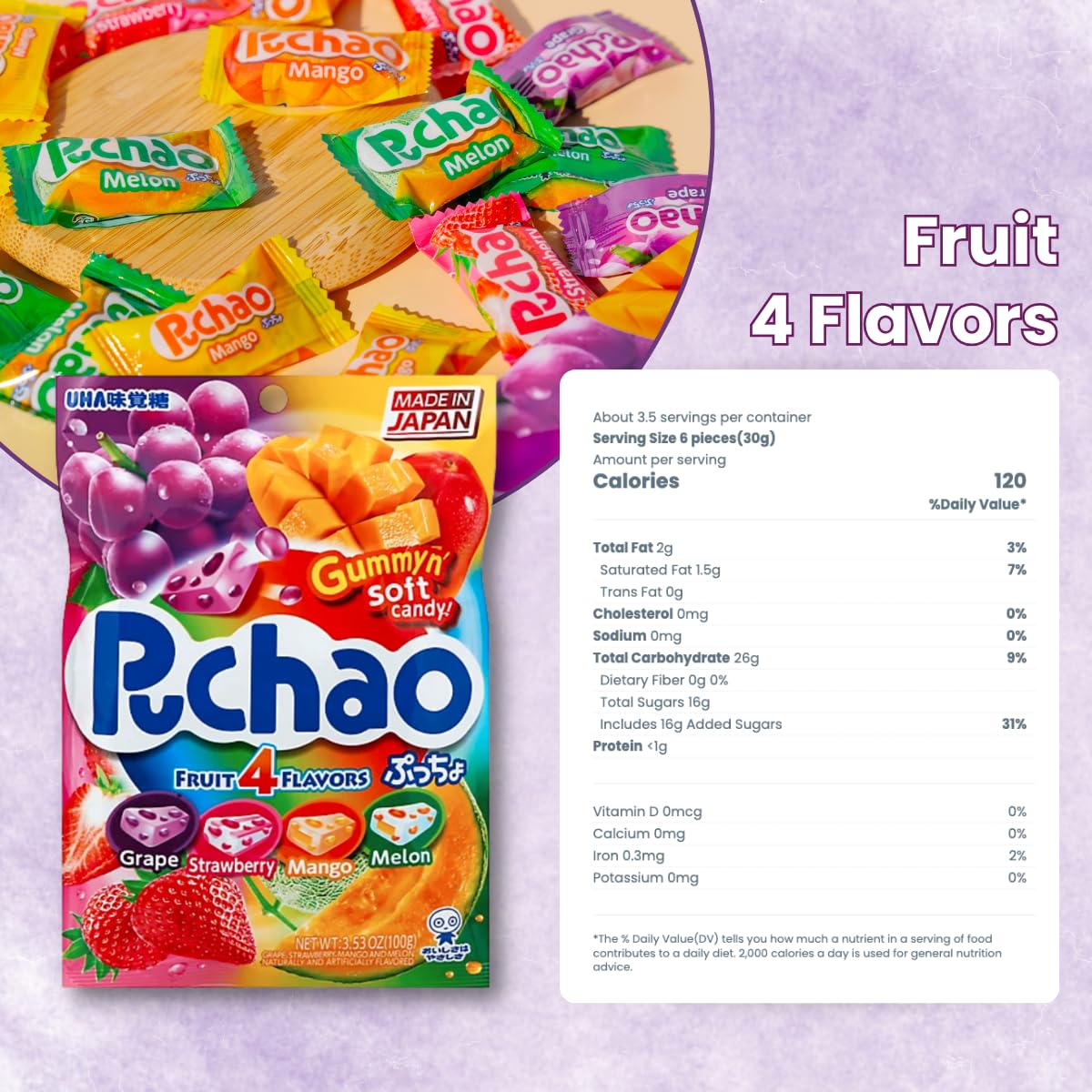 Generic Japanese Chew Puchao tropical-fruit-mix close-up, colorful fruit chunks visible.