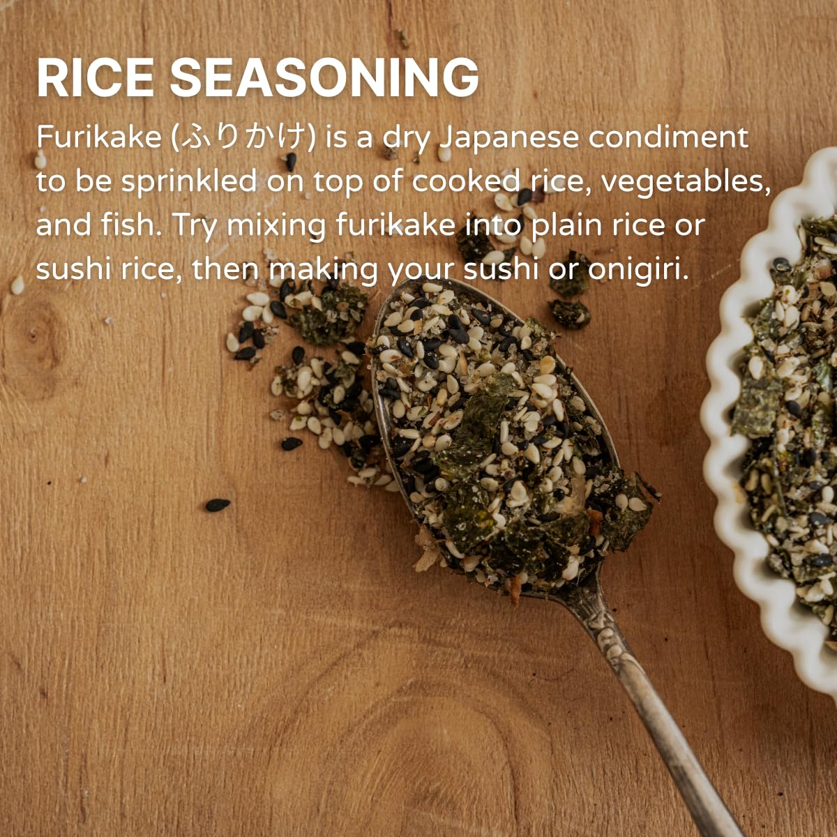 Generic Furikake Nori Komi close-up showing seaweed and sesame notes for savory crunch