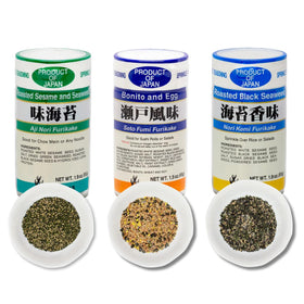 Generic Japanese Furikake 3 Flavor Set packaging on shelf, quick flavor boost for meals