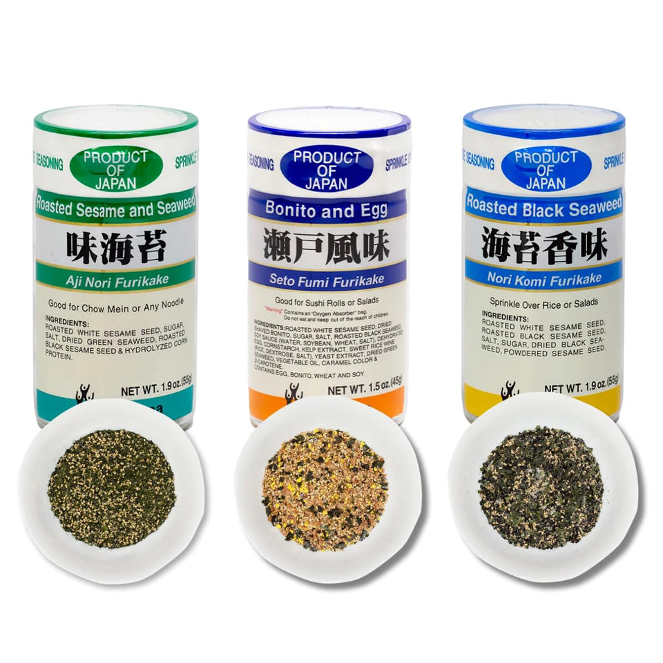 Generic Japanese Furikake 3 Flavor Set packaging on shelf, quick flavor boost for meals