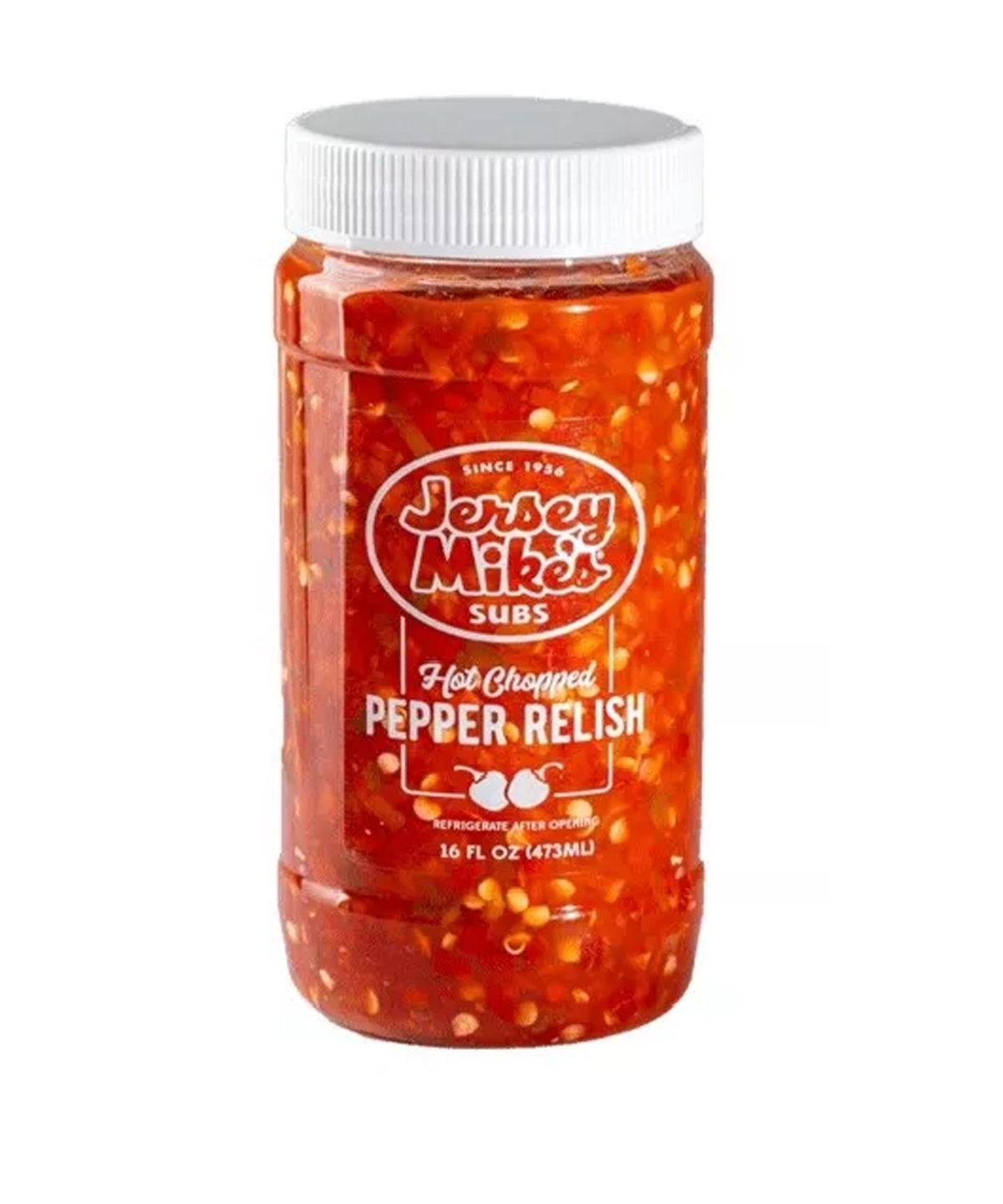 Jersey Mike's Hot Chopped Pepper Relish bottle adds spicy crunch to subs.