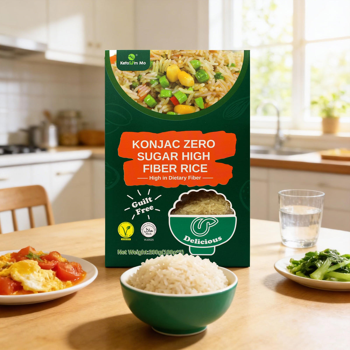 Generic Ketoslim Mo konnyaku rice packaging side, zero sugar and zero sodium advantages for everyday meals.