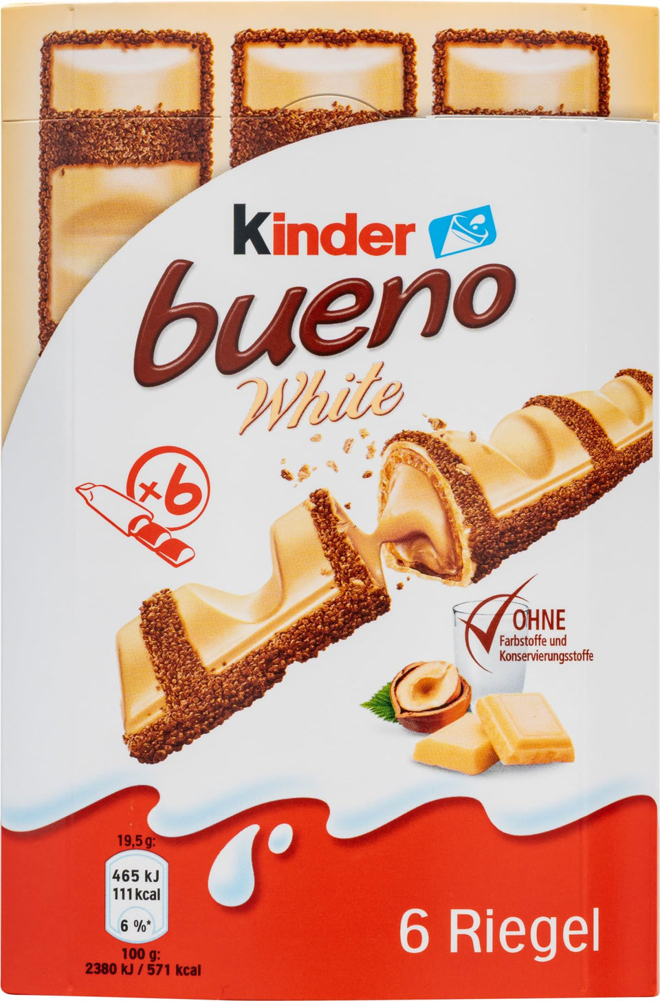 Generic Kinder Bueno White 6-pack box with crisp wafers and hazelnut cream for gifting.