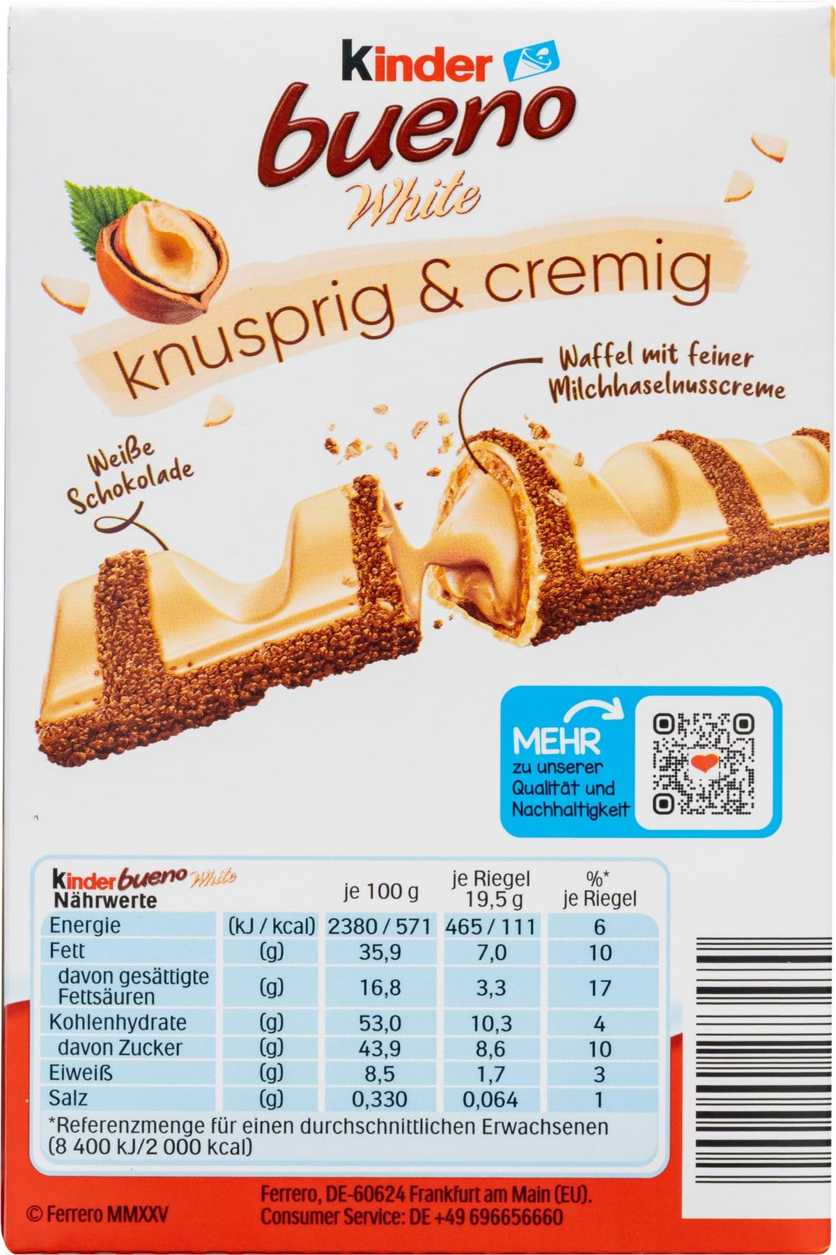 Close-up of Kinder Bueno White bars highlighting creamy hazelnut filling and delicate white chocolate.