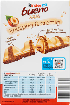 Close-up of Kinder Bueno White bars highlighting creamy hazelnut filling and delicate white chocolate.