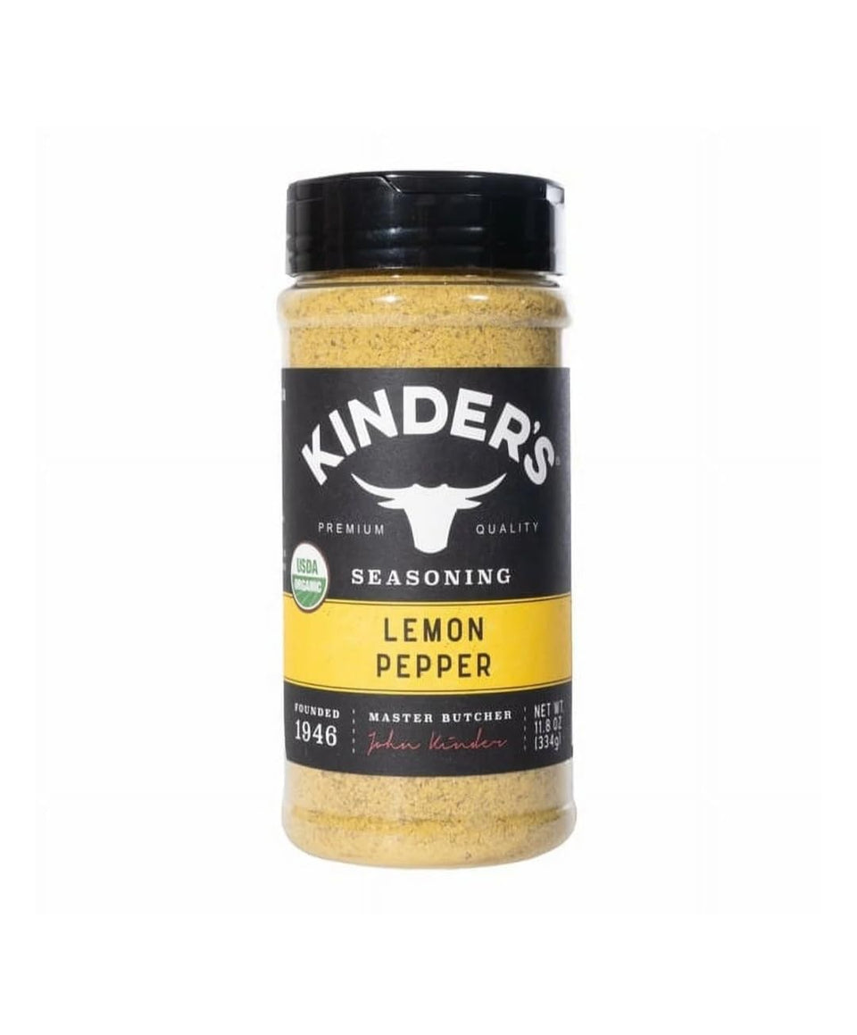 Generic Kinder Lemon Pepper Seasoning jar front; adds bright citrus flavor to poultry.