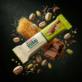 Generic kunafa pistachio bar cross-section reveals creamy chocolate and layered kunafa.
