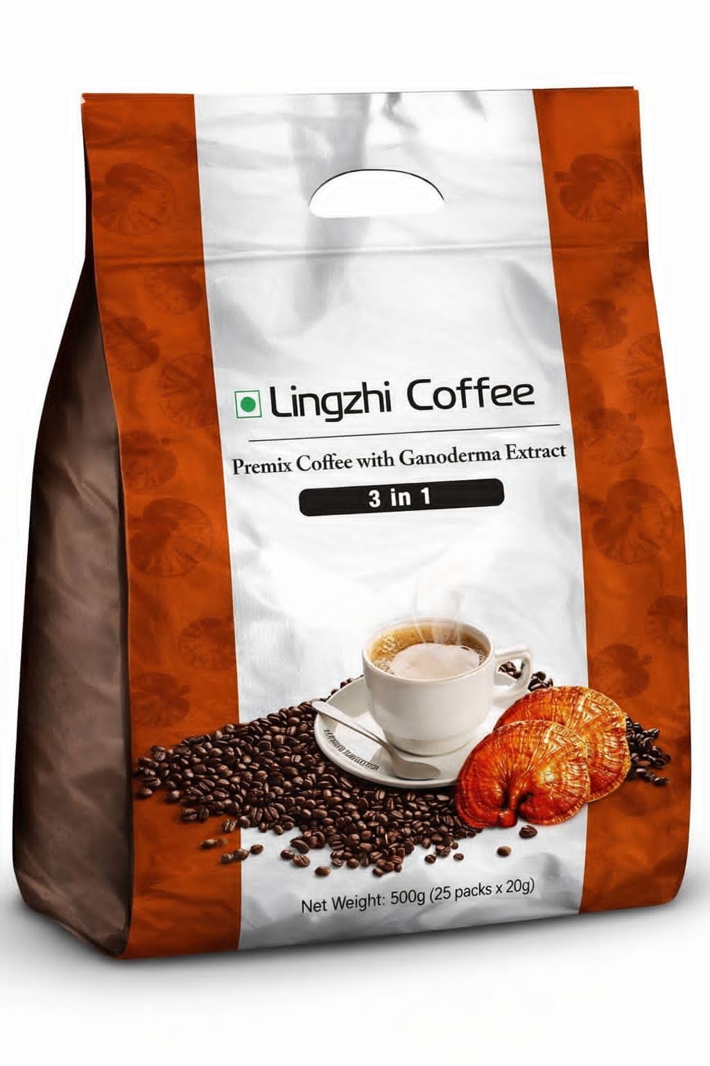 Generic Lingzhi 3-in-1 Coffee sachet pack front view highlighting convenient, ready-to-make coffee.