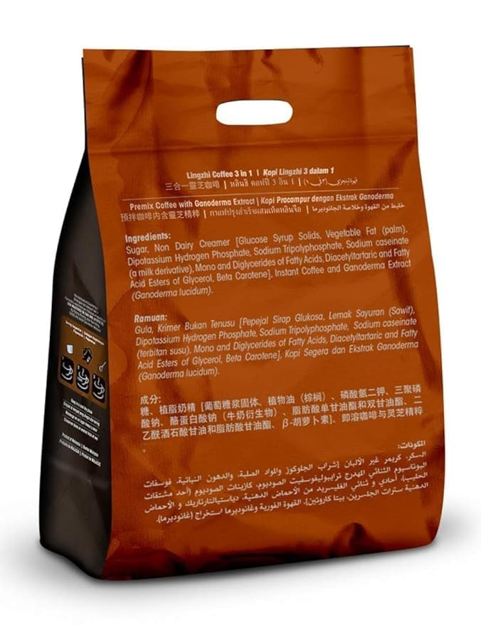 Generic Lingzhi 3-in-1 Coffee sachets arranged for a quick morning routine.