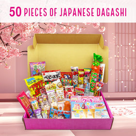Generic Lucky Cat pink box opened reveals colorful dagashi ideal for sharing at parties.