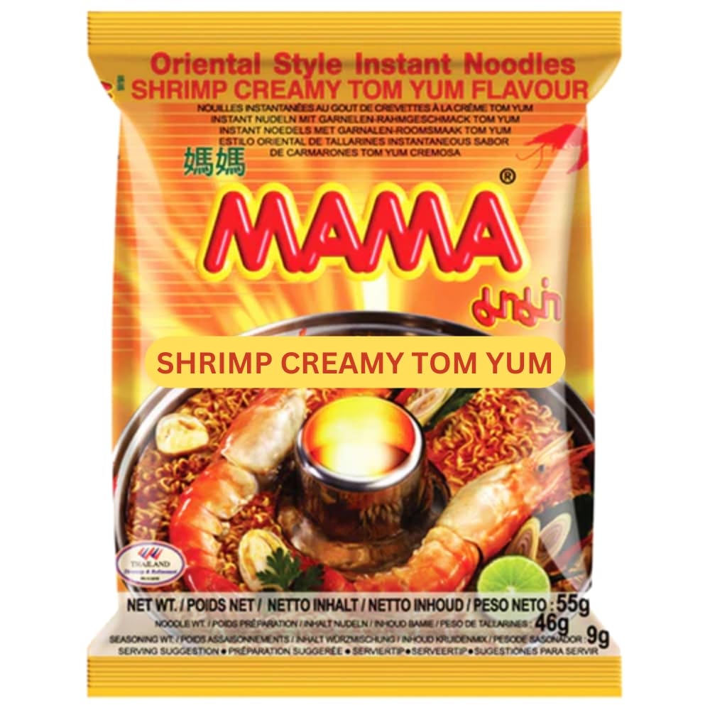 Generic MAMA ramen shrimp creamy tom yum bowl, inviting aroma for quick weeknight meals.