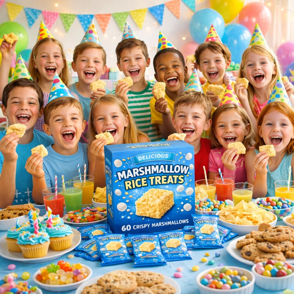 Generic Marshmallow Rice Crispy Treats on a party table for easy dessert options