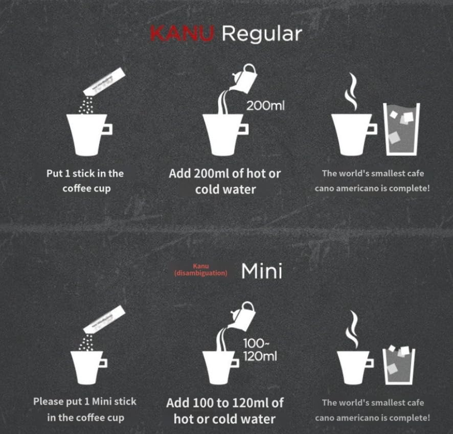 Generic Maxim Kanu mini brew-ready sticks arranged beside water and mug