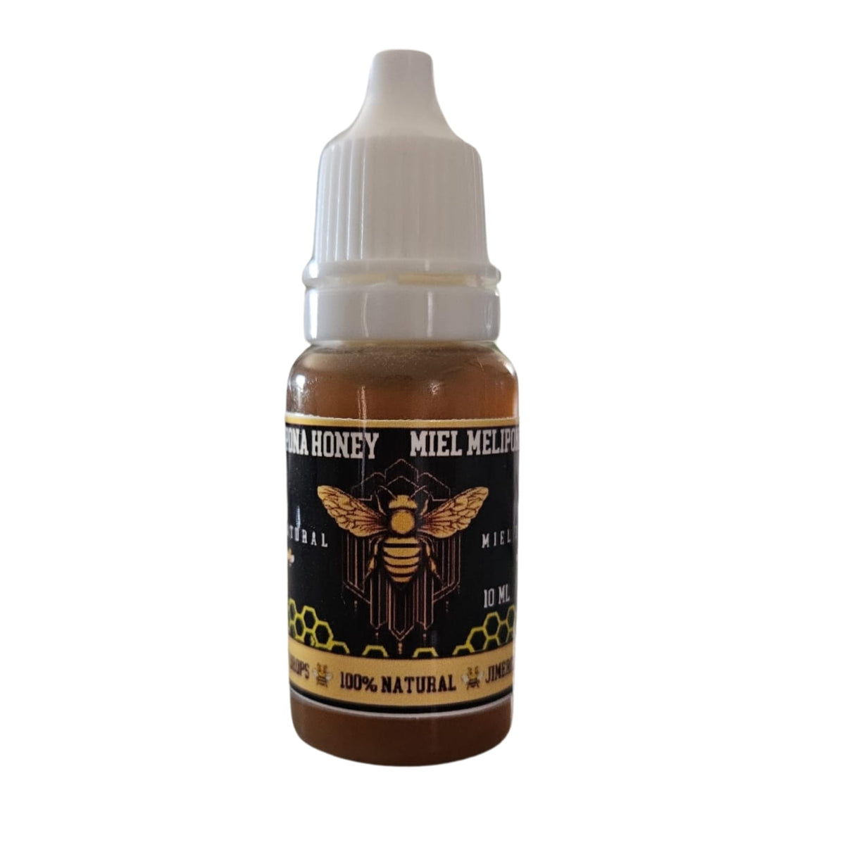 Generic Melipona honey bottle pour highlights precise drop dosing for recipes