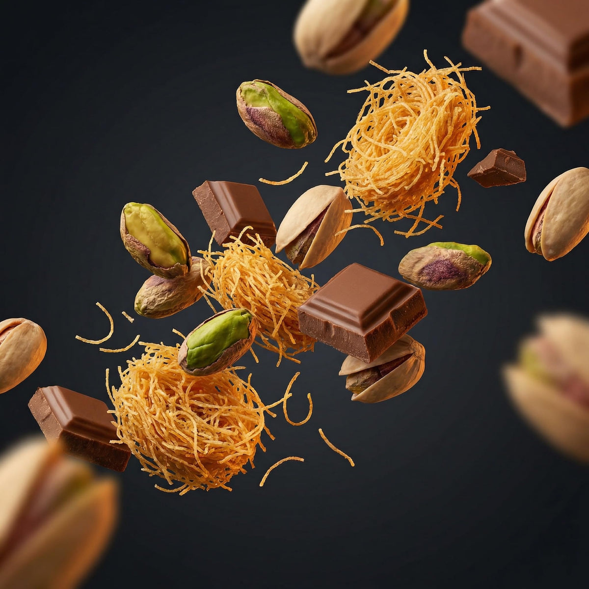 Generic milk chocolate with pistachio and kunafa flavor profile close-up.