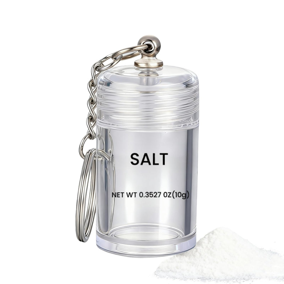 Generic mini salt keychain bottle pour detail for on-the-go seasoning