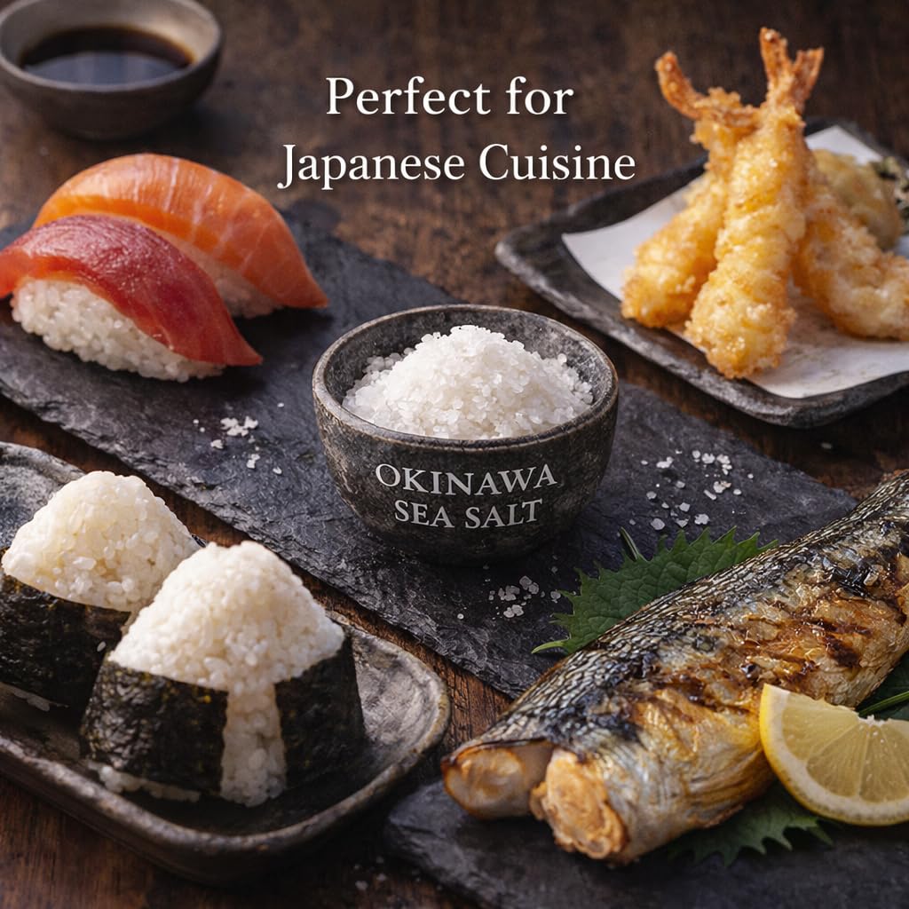 Generic Okinawa Sea Salt kitchen scene showcases versatile use across recipes