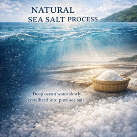 Generic Okinawa Sea Salt pouring action demonstrates easy sprinkling for balanced flavor