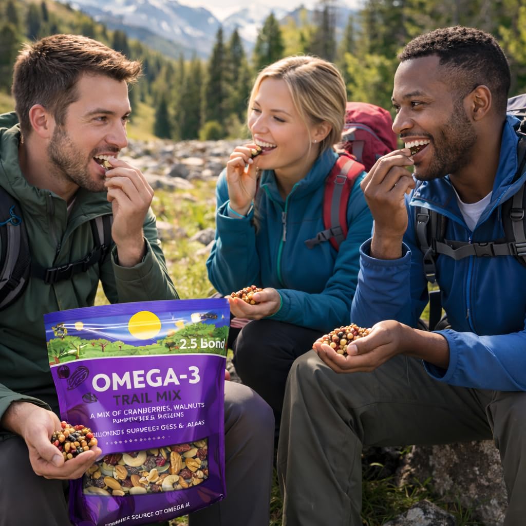 Generic Omega3 Trail Mix in a 40-ounce resealable bag keeps snacks fresh.