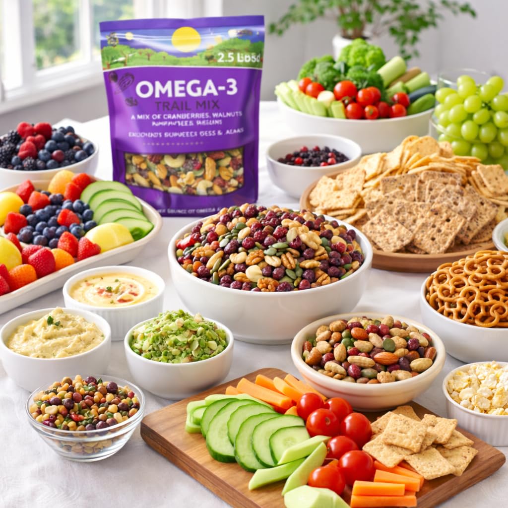 Generic Omega3 Trail Mix with almonds highlighting crunchy texture and plant-based protein.
