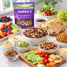 Generic Omega3 Trail Mix with almonds highlighting crunchy texture and plant-based protein.