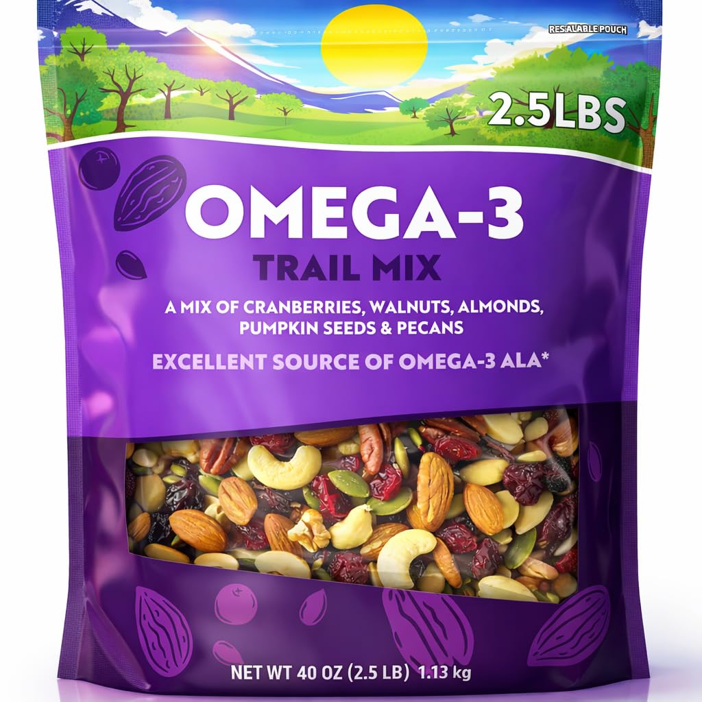 Generic Omega3 Trail Mix offers Non-GMO ingredients for mindful snacking.